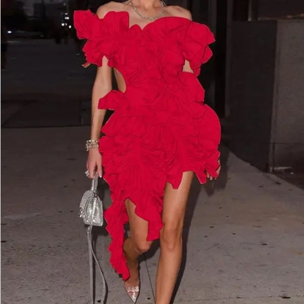 Elegant Ruffle Statement Mini Dress – Off-Shoulder Layered Halter Cocktail Dress - Picture 1 of 13